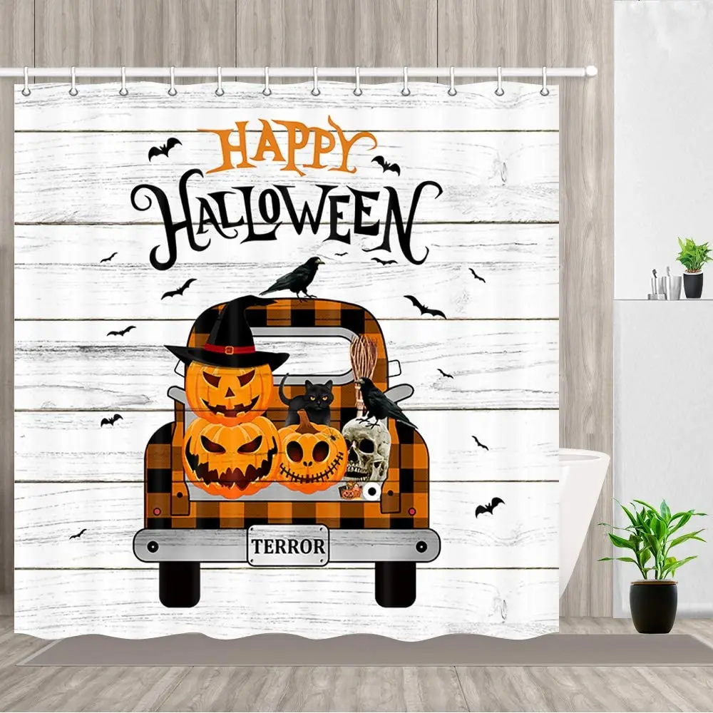

Halloween Shower Curtain Pumpkin Crow Cat Fall Truck Wooden Plank Bathroom Decor Polyester Fabric Bath Curtains Hooks Waterproof