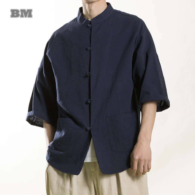 

Summer Chinese Style Vintage Linen Short Sleeve Shirt Men Clothing Plus Size Baggy Blouse Casual Tai Chi Kung Fu Zen Suit Male