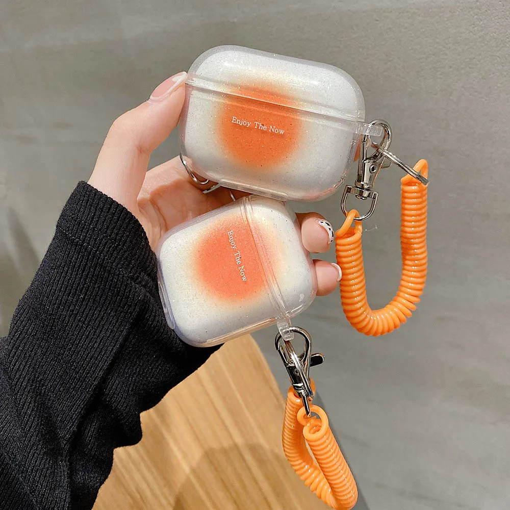 

Gradient Orange Soft Headset Case for Apple AirPods 2 Pro 1 3 Cases Cute Spring Ornaments KeyChain Clear Glitter Cover funda