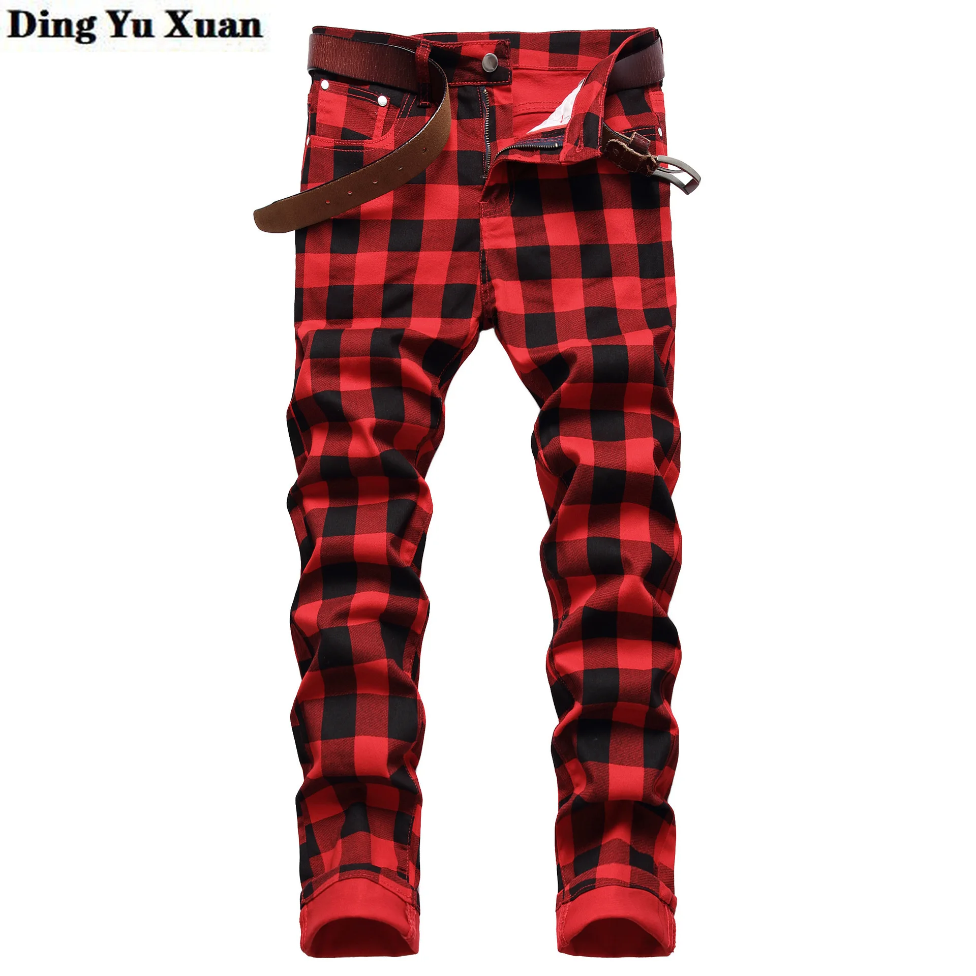

Mens Fashion Plaid Printed Jeans Men Slim Fit Stretch Denim Pants Spring Autumn Cowboy Streetwear Straight Long Trousers
