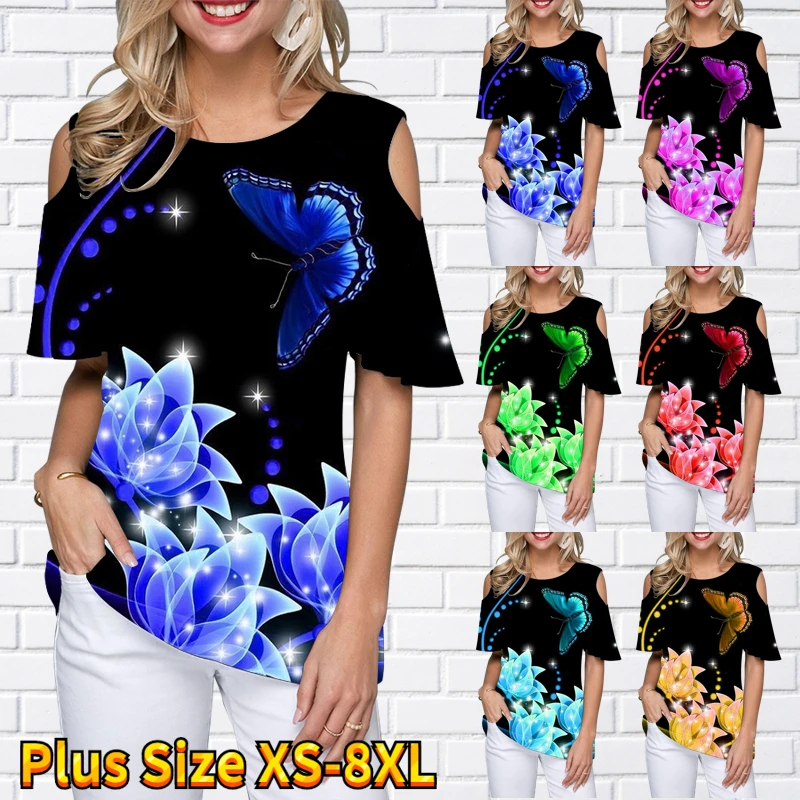 

2022 Summer Casual Off-the-shoulder Short Sleeves Women T-Shirt Flower Print Tops Women Round Neck Loose T-Shirt Tops Pullover