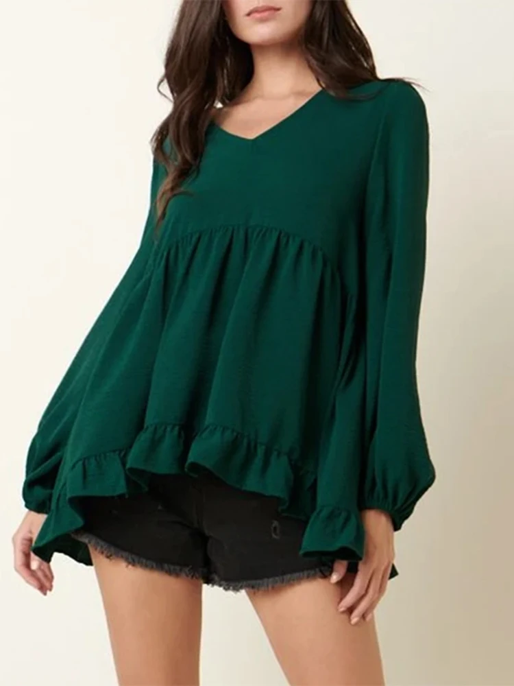 

2022 Fashion Solid Ruffle Blouse ZANZEA Elegant Long Sleeve Camisas Casual OL Oversized Shirts Spring Autumn Women's V Neck Tops