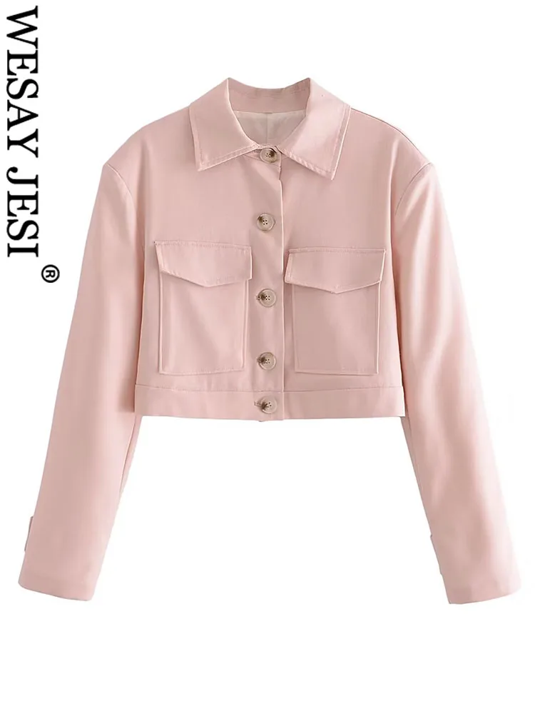 WESAY JESI TRAF Women Fashion Pink Jackets With Pockets Vintage Single Breasted Lapel Neck Long Sleeves Female Chic Lady Outfits
