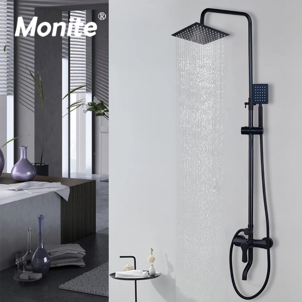 

Monite Matte Black Shower Set Wall Mount Rainfall 8 Inch Round Head Spray 3 Ways Mixer Adjustable Hand Bathroom Shower Faucet