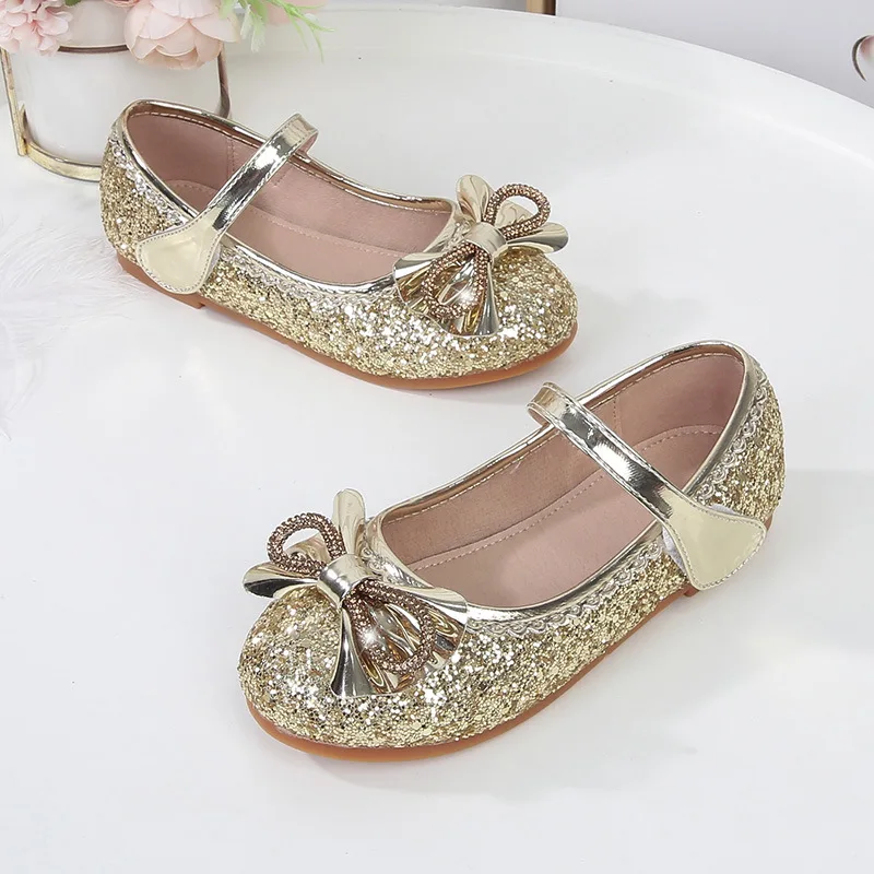 2024 новая детская обувь для девочек золотого цвета с бантом и блестками резиновые