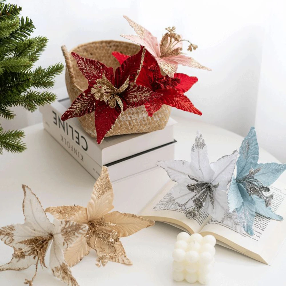 

1PC Christmas Poinsettia Glitter Artificial Flowers Xmas Tree Party Decoration Navidad New Year Gift Fake Flower