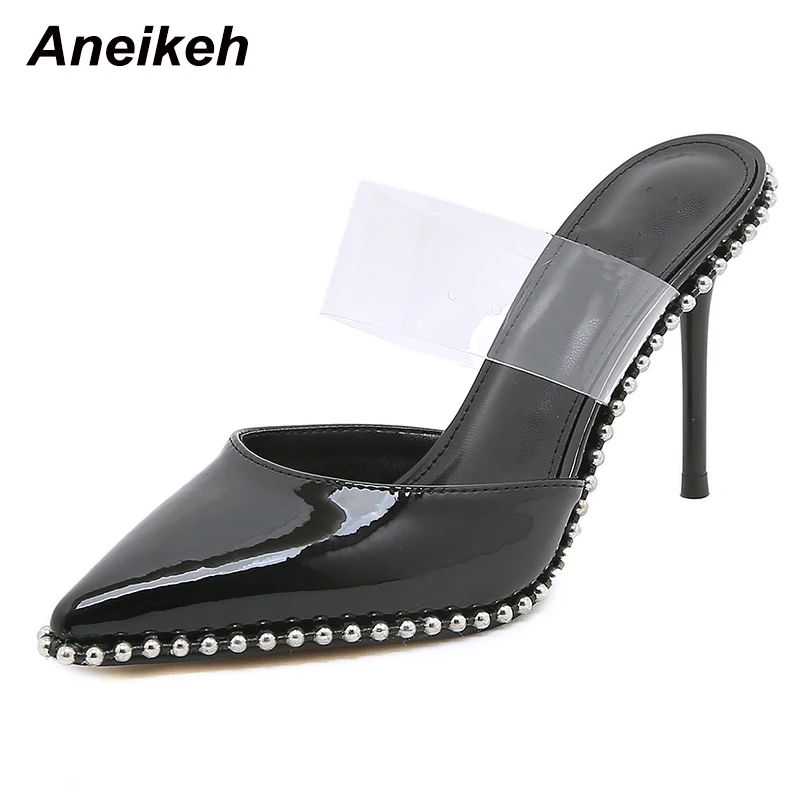 

Aneikeh Fashion Patent Leather Transparent PVC Black Slip-On Women High Heel Shoes Rivet Bordered Pointed Toe Lady Party Pumps