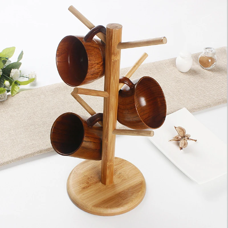 Tree Shape Wood Coffee Tea Cup Rack Storage Holder Stand Home Kitchen Mug Hanging Display Drinkware Shelf With 6 Hooks