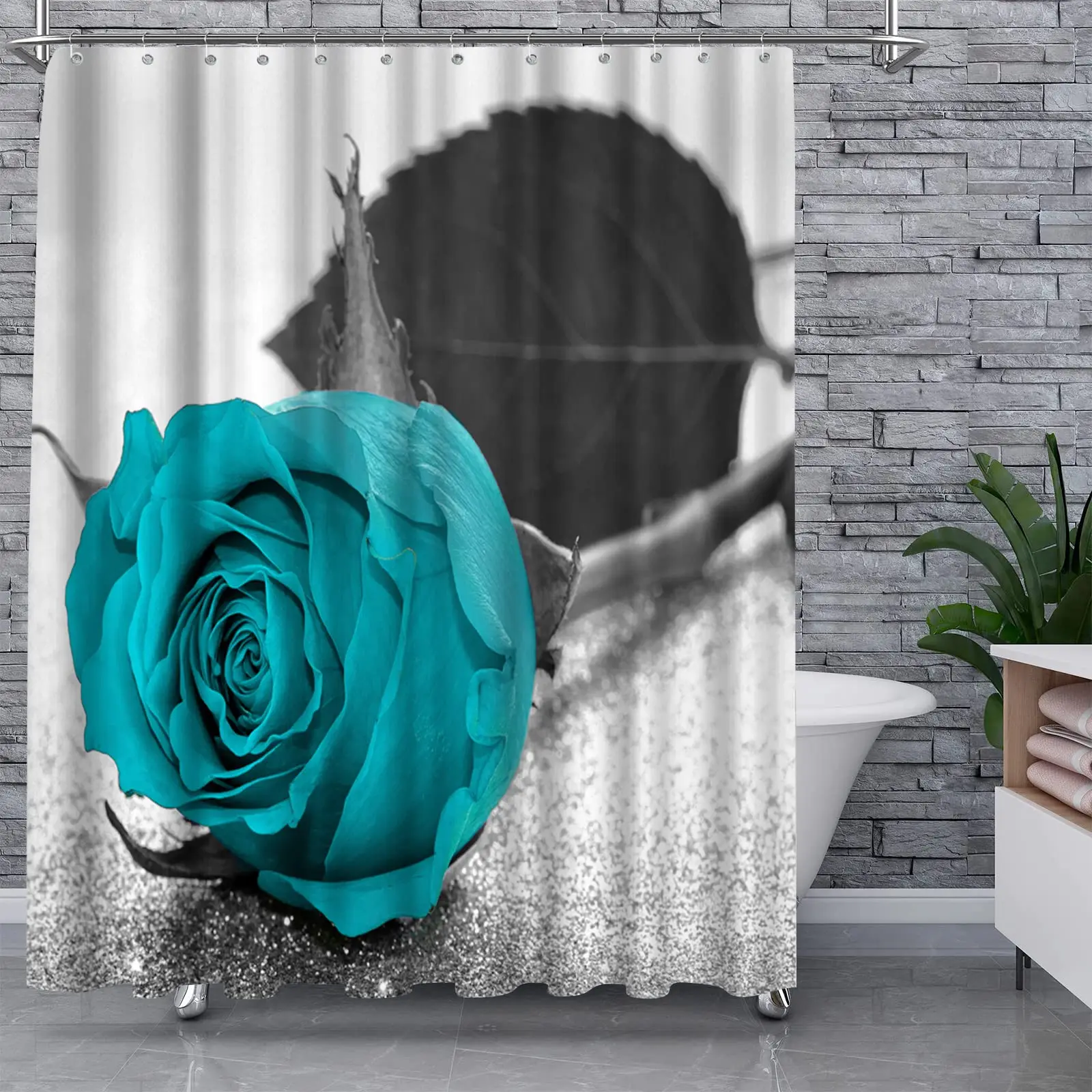 

Curtain Waterproof Blue Flower Floral Teal with Roses Watercolor Colorful Abstract Black Home Decor Hooks Set Turquoise Shower