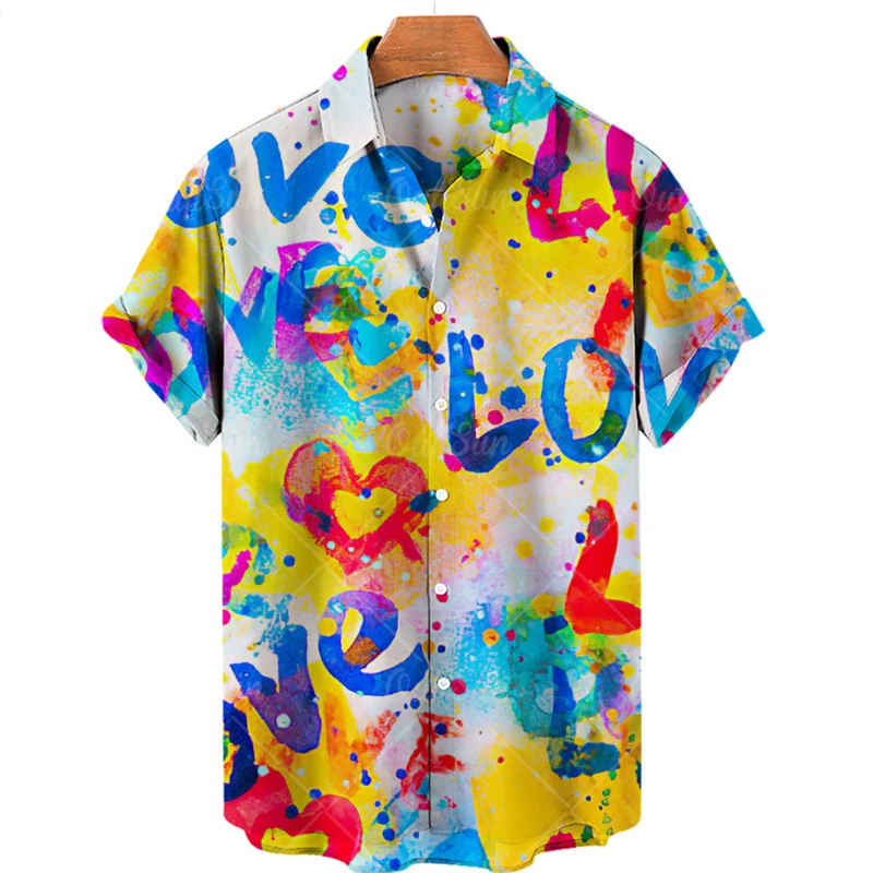 

Hawaiian Shirts for Men Love Graffiti European and American Trends Street Short-sleeved Shirts Holiday Loose and Breathable Top