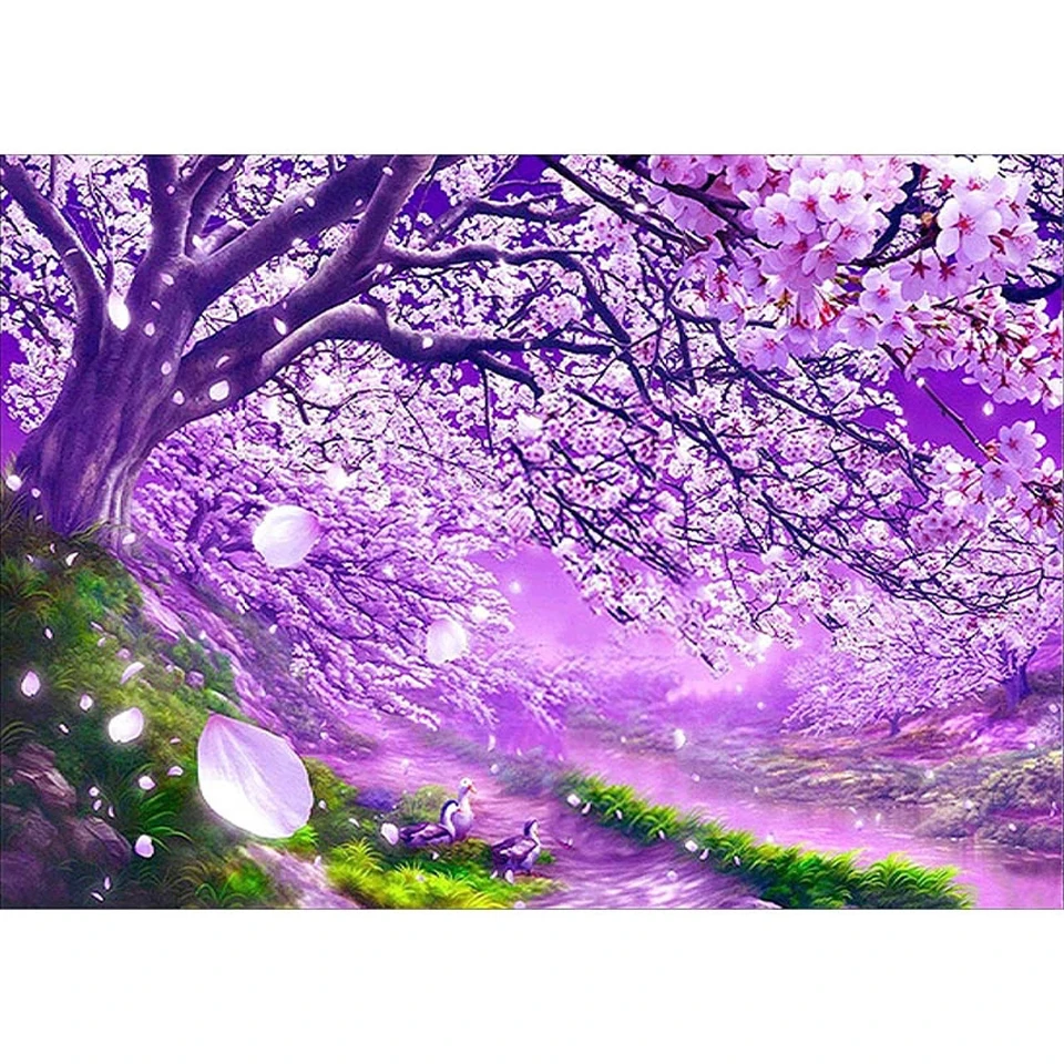

DIY Diamond Mosaic Purple Cherry Blossom 5D Diamond Painting Flower Cross Stitch Kits Crystal Needlework Picture Wall Art Gift