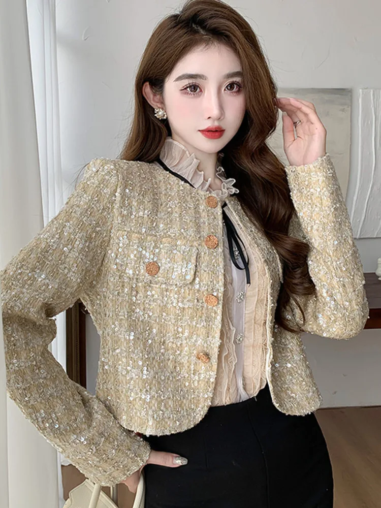 

Женское шерстяное короткое пальто, стильная твидовая куртка с блестками, осень