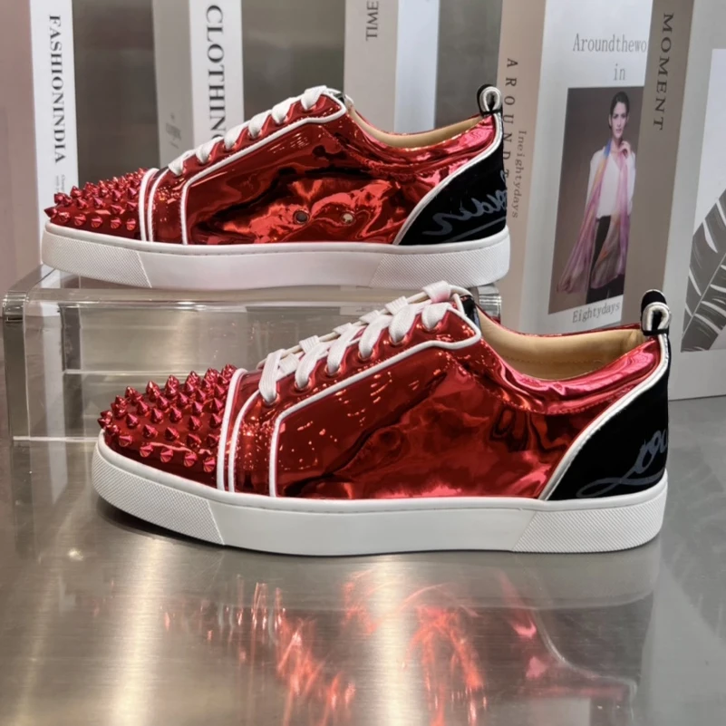 

Top Quality Red Soled Womens Trendy Casual Shoes 35-48 Luxury Mens Real Leather Sneakers Designr Couple Rock Tide Shoes HJ0484