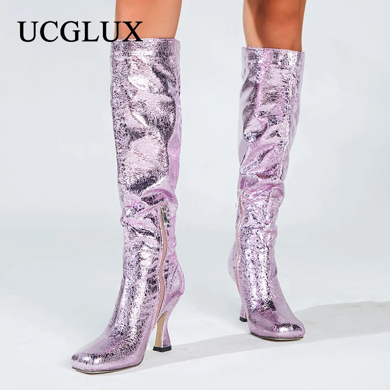 

Женские высокие сапоги с блестками, сапоги до колена на высоком каблуке с квадратным носком и боковой молнией, женские сапоги, осенне-зимняя...