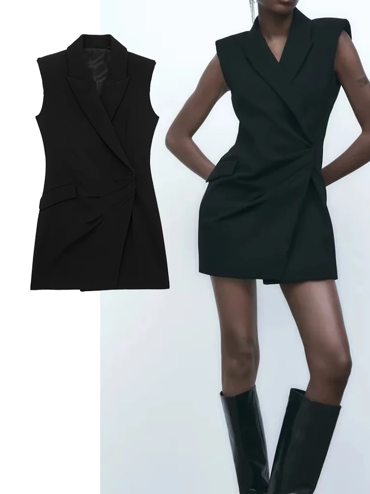 

TRAF Women Dress Blazer Fashion Black Mini Dress Office Lady Chic Sleeveless Front Button Female Casual Slim Dress