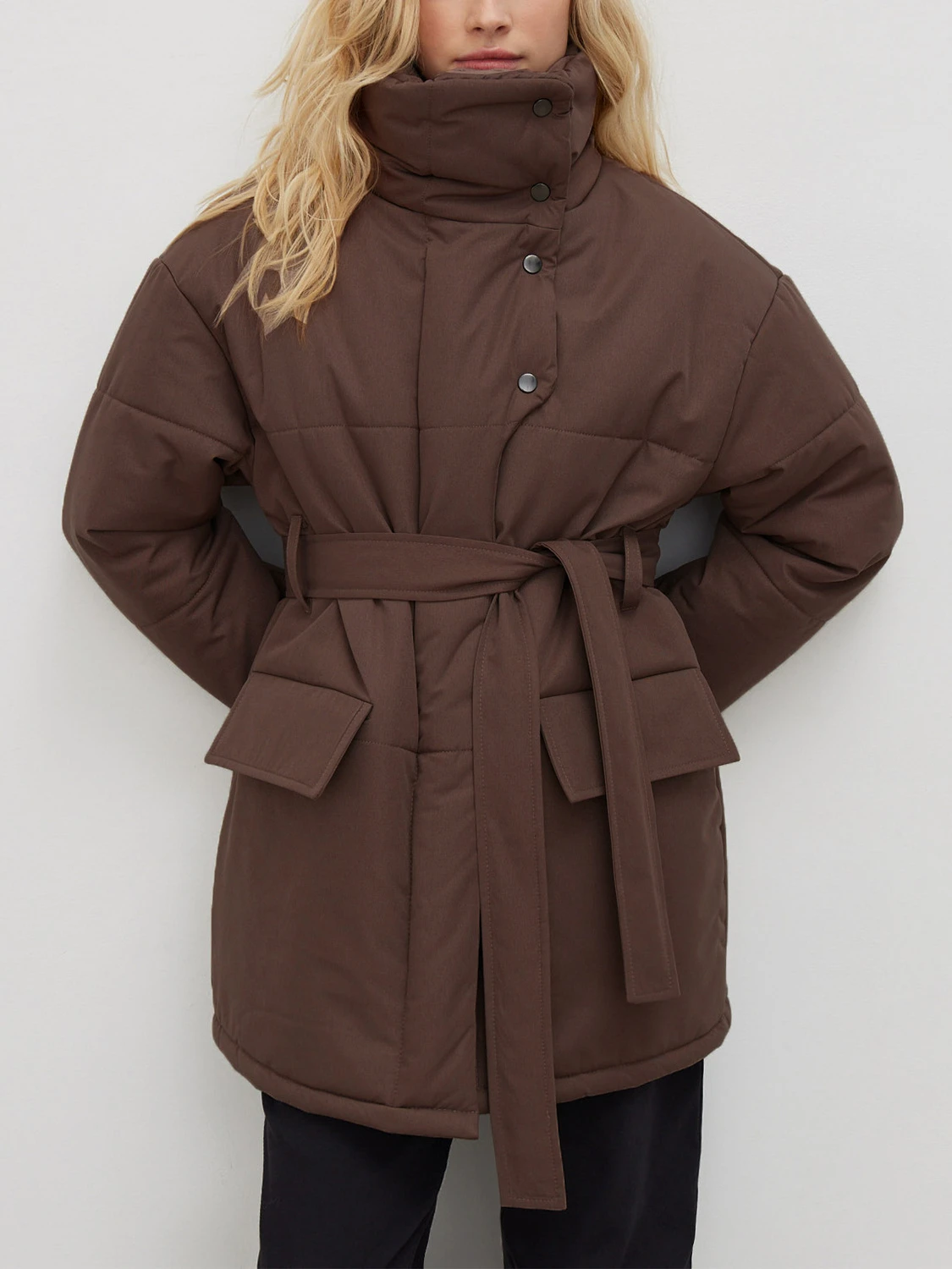 Fashion Stand Collar Zip-up Solid Warm Thick Parkas with Belt 2022 Winter Women's Casual Cotton-padded Pockets Office Lady Coats