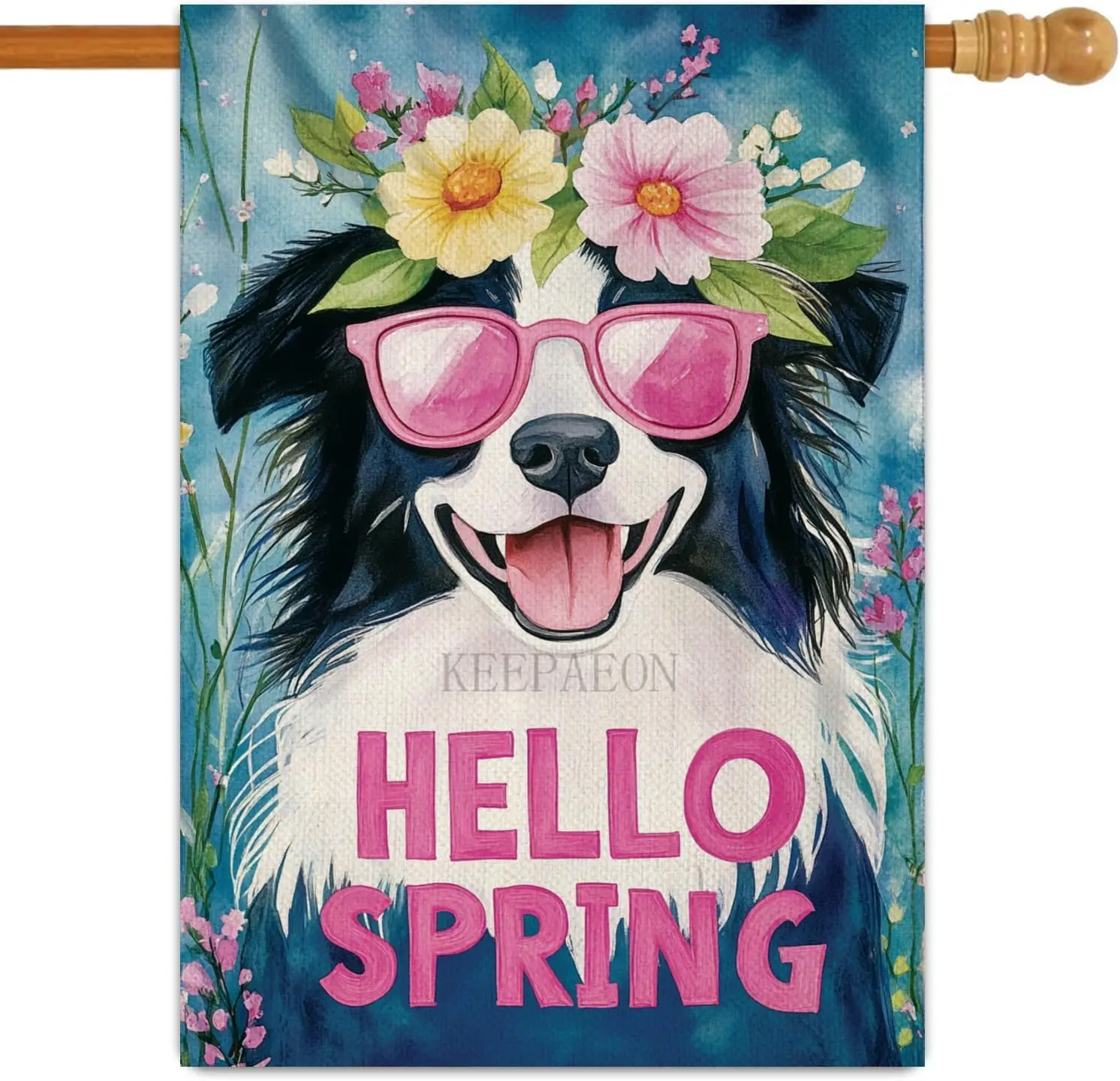 Hello Sprng Florl Border Colle Grden Flg 28x40 nch Double Sded Burlp Outsde Flower Sesonl Sgn Smll Frmhouse Yrd Outdoor Decorto