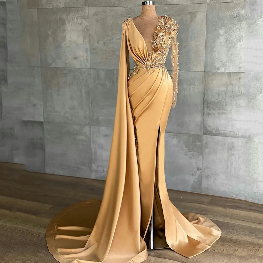 

Formal Evening Dress Long Luxury 2022 V-Neck Full Sleeves Zipper Prom Dress Sweep Train Side Split Satin Trumpet Robes De Soirée