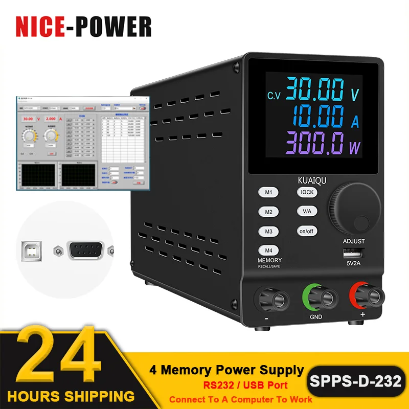 

RS232/USB Port Lab Power Supply Adjustable Laboratory Source 30V 10A 300V/200V 1A Programmable DC Power Supply 4 Memory Function