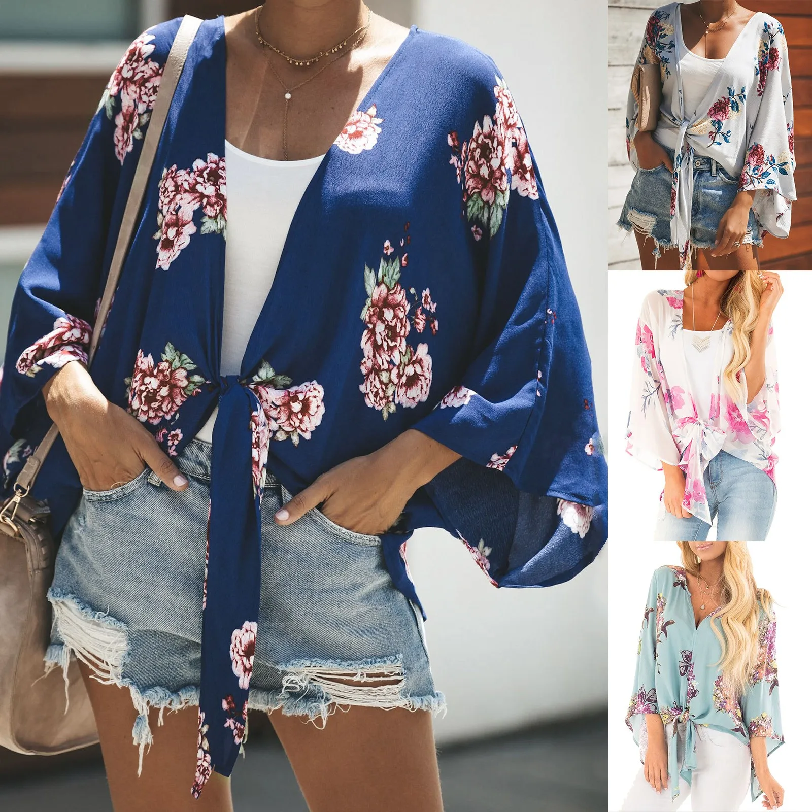 

Женские летние блузки с цветочным принтом, топы, летние рубашки с коротким рукавом и V-образным вырезом в этническом стиле Харадзюку, корейская мода, деловой облегающий силуэт