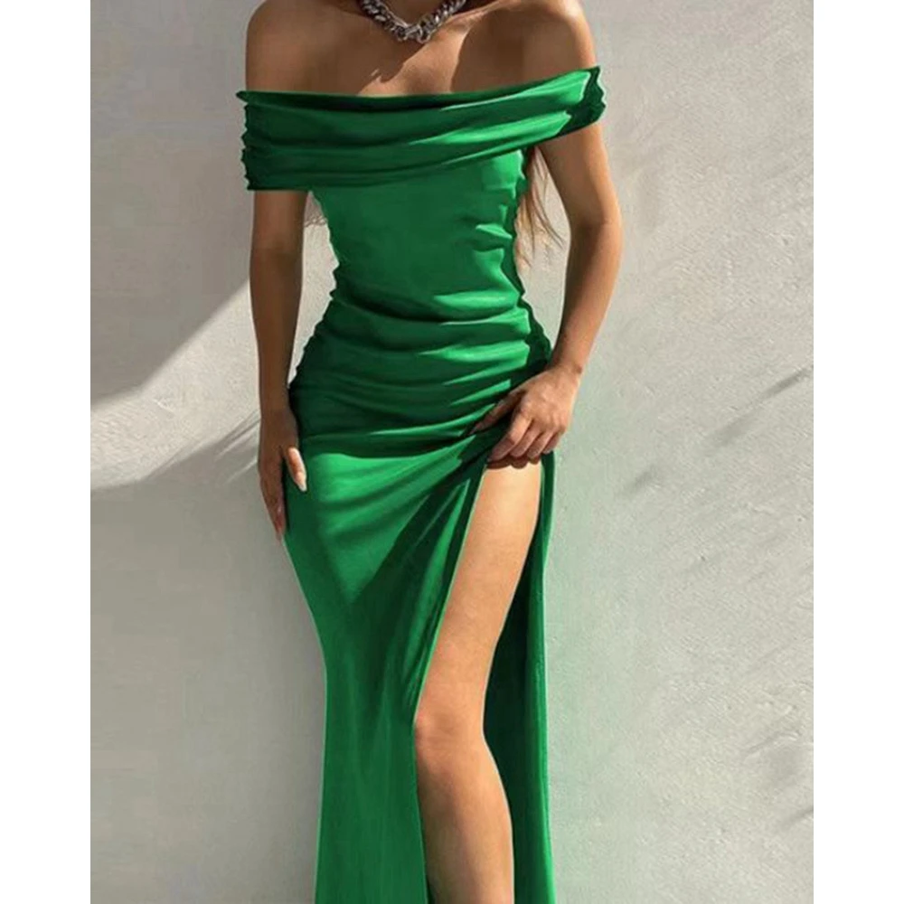 

2023 Fashion Women's Off Shoulder Ruched High Slit Stain Party Dress Elegant Femme Slim Fit Midi Dress Lady Birthday Gowns