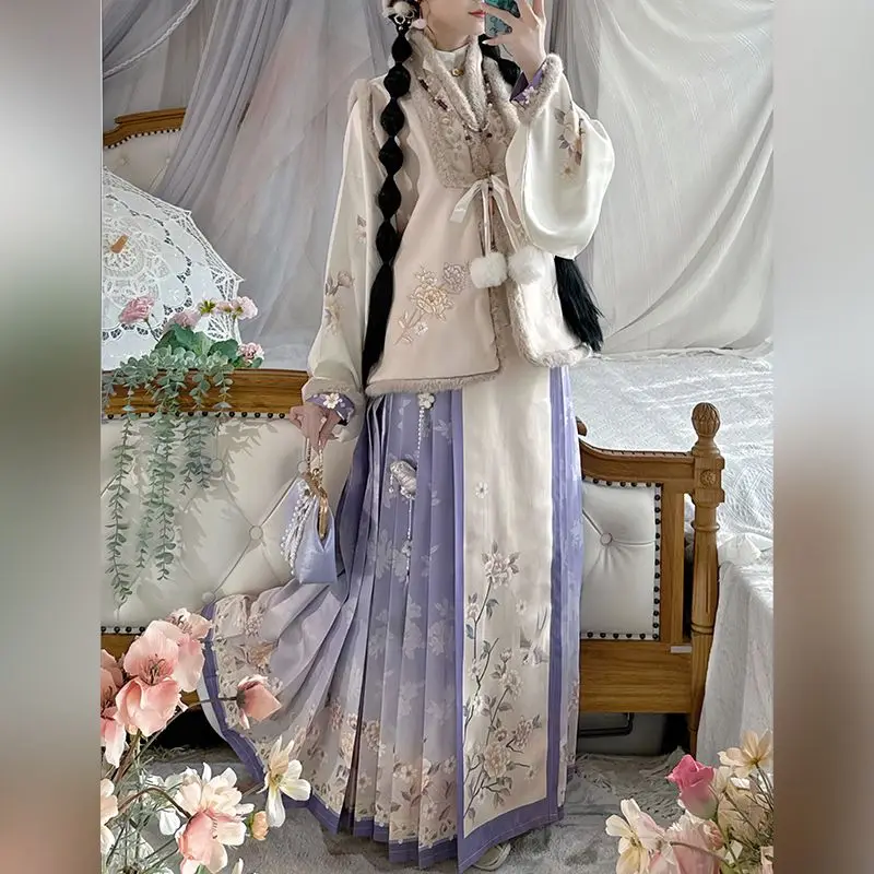 Розовое женское платье Hanfu Mingxian с вышивкой теплый чем воротник для ногтей рукав