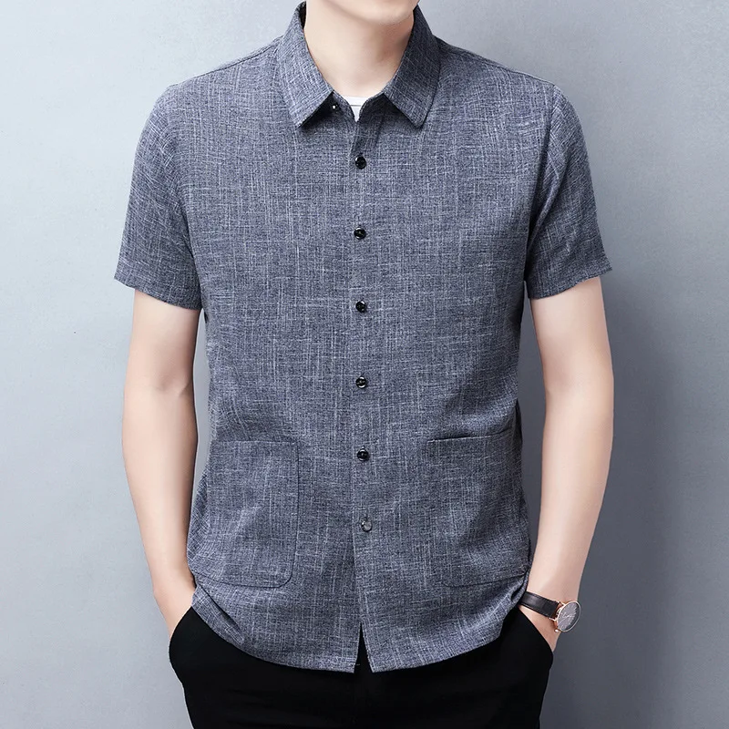

2022 Summer New Men's Short Sleeve Linen-like Solid Color Shirt