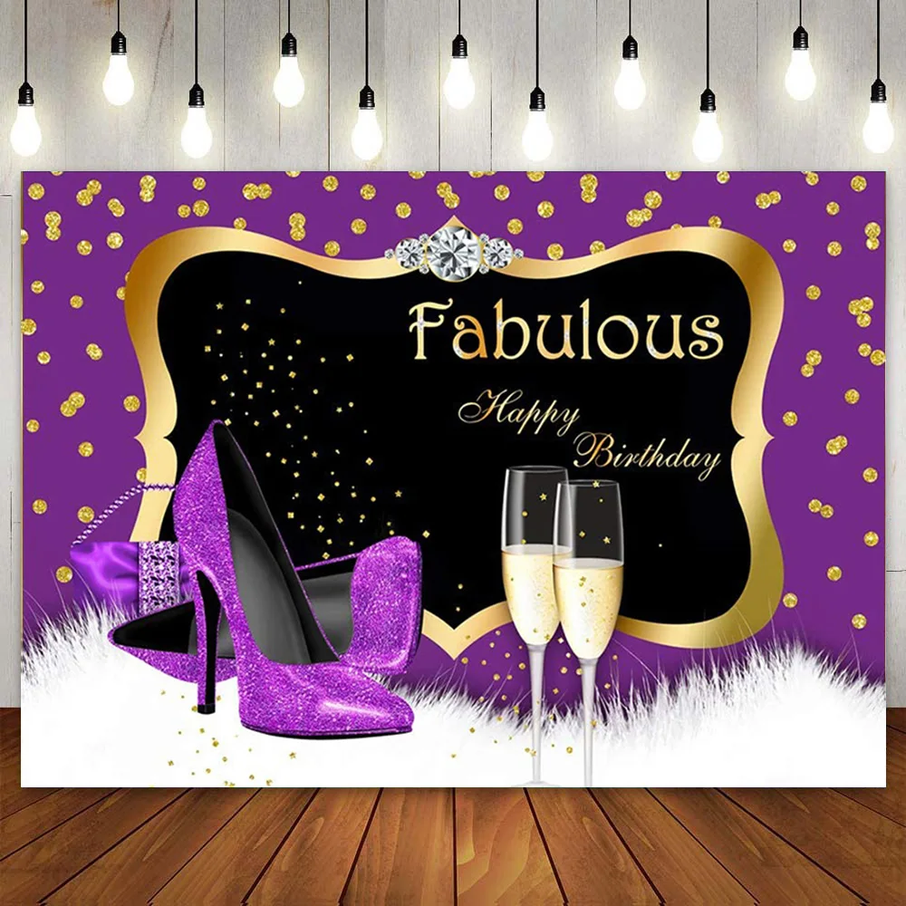 

Customized Fabulous 40th 50th Birthday Backdrop Dots High Heels Glass Purple Background Poster for Girl Adult Woman Party Banner