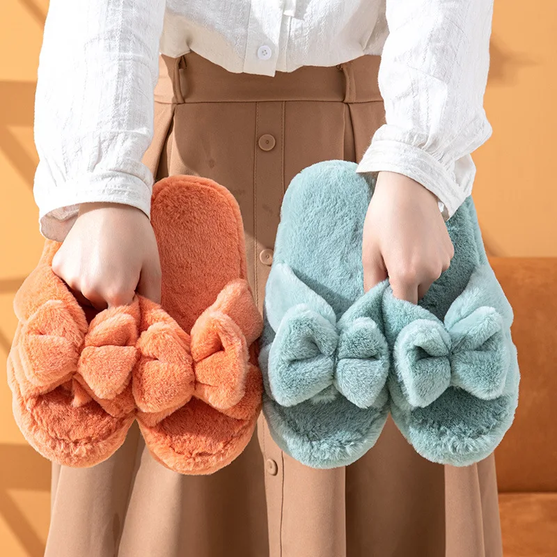 Winter Women's Bow-Tie Chanclas  Fur Slipper Home Shoes For Women  Lovely Floor   Indoor House Slippers With Fur