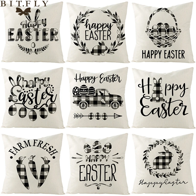 

Happy Easter Pillowcase Black White Cushion Cover Cotton Linen Sofa Cushions Rabbit Egg Ornament Gift Easter Party Decor 45*45cm