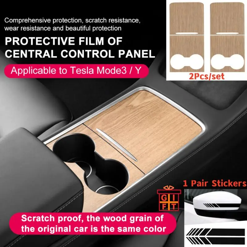 

For Tesla Model 3 Y 2021-2023 Center Console Panel Sticker 2 Pcs Wood Grain Film Carbon Central Control Cover Car Interior