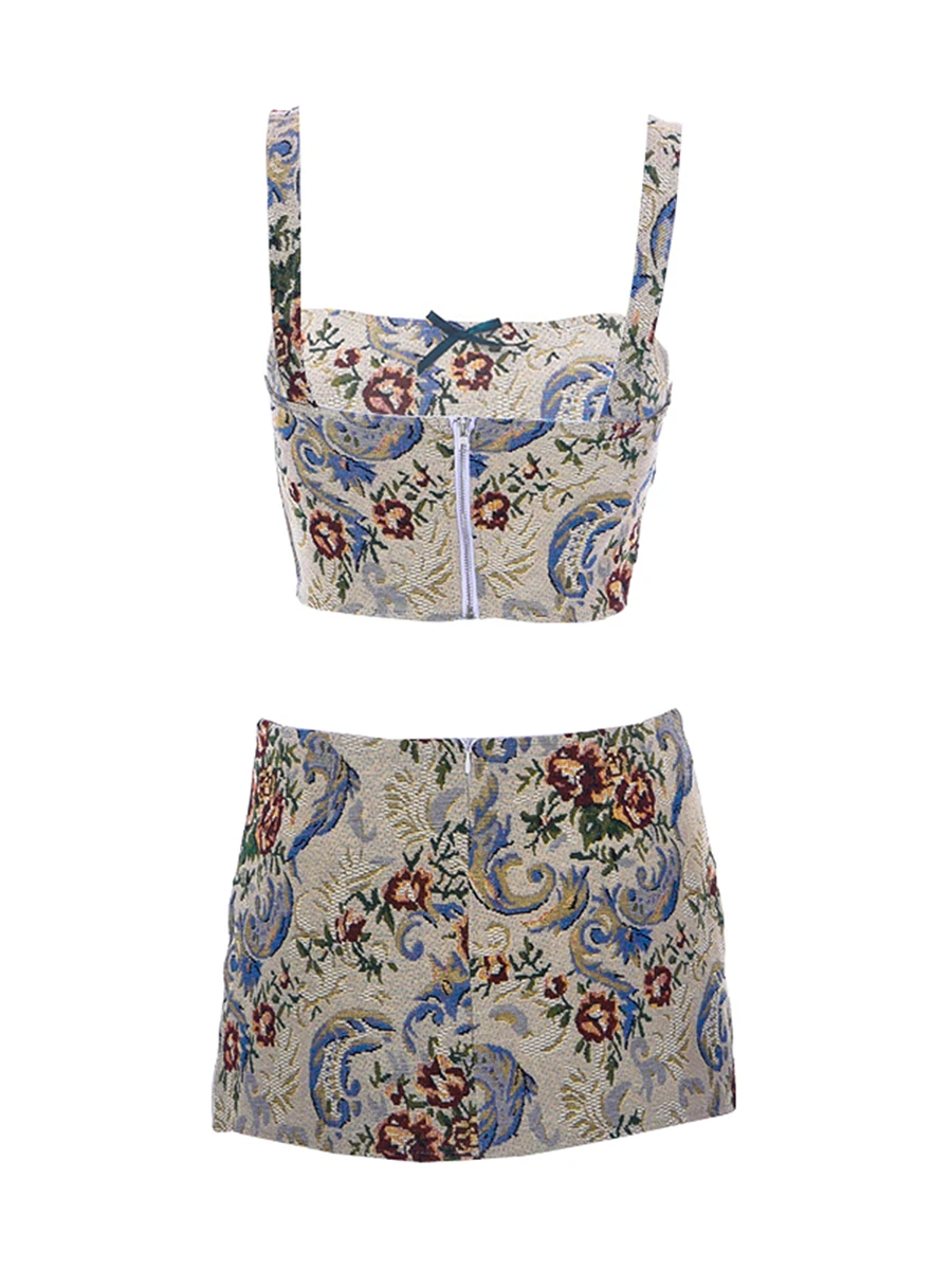 

Women s Y2K Floral Print Asymmetrical Hem Tube Top and Bodycon Mini Skirt Set - Sleeveless Retro Tank Vest with Short Slim
