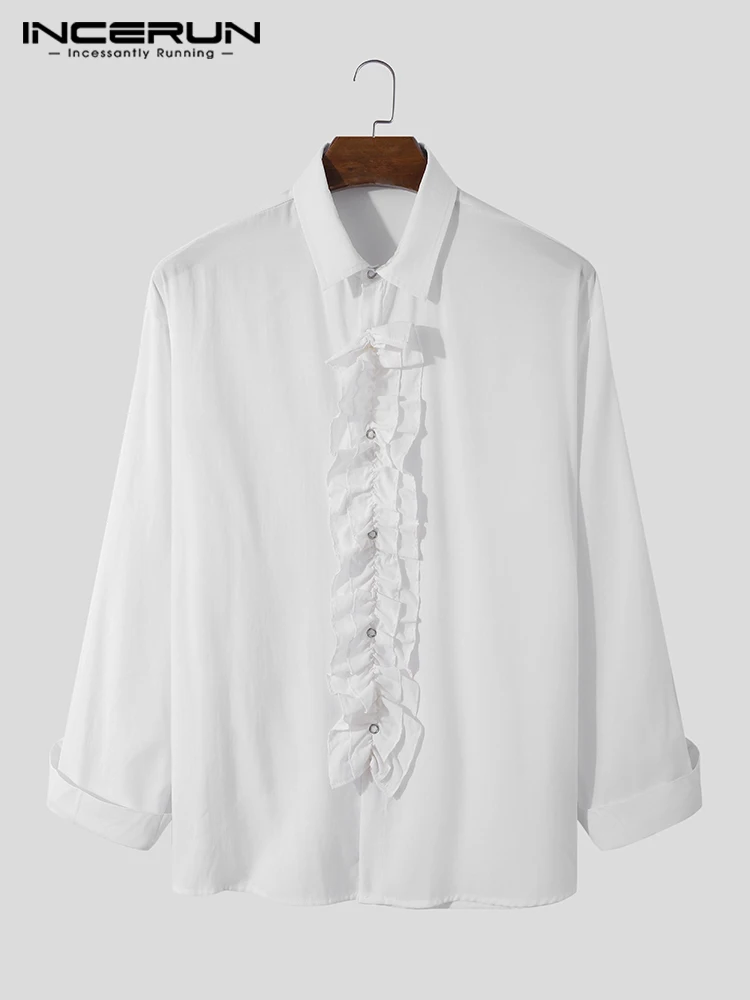 INCERUN Tops 2023 Korean Style New Men's Lace Ruffled Placket Blouse Fashion Casual Male Hot Sale Long-sleeved Lapel Shirt S-5XL
