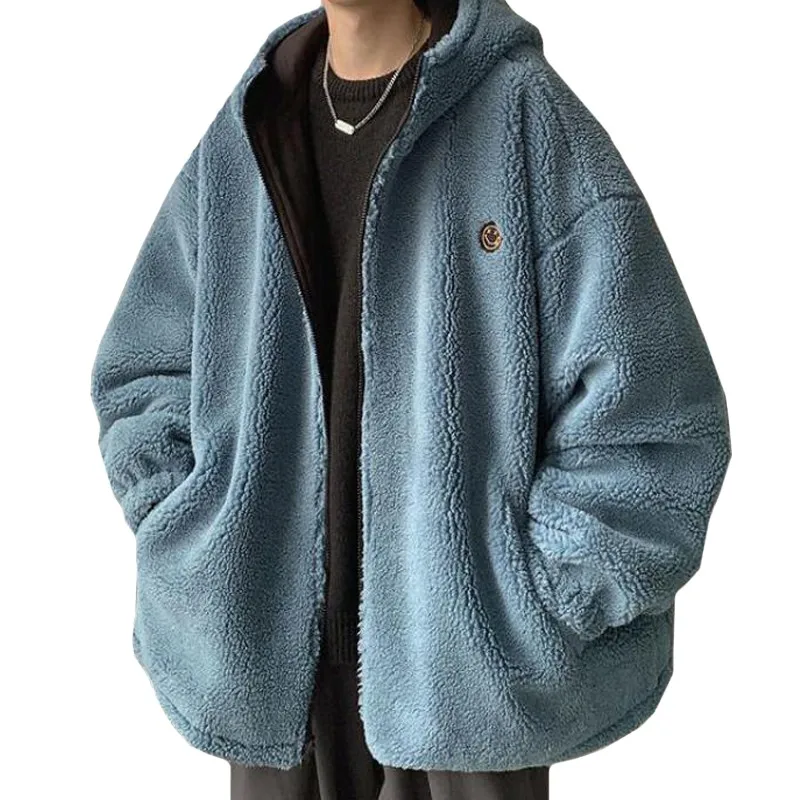 

Embroidered Smiley Lamb Wool Winter Men Hoodie Sweatshirt Loose Long Sleeves Zipper Bear Ears Pullover Youth Male Coat Casual