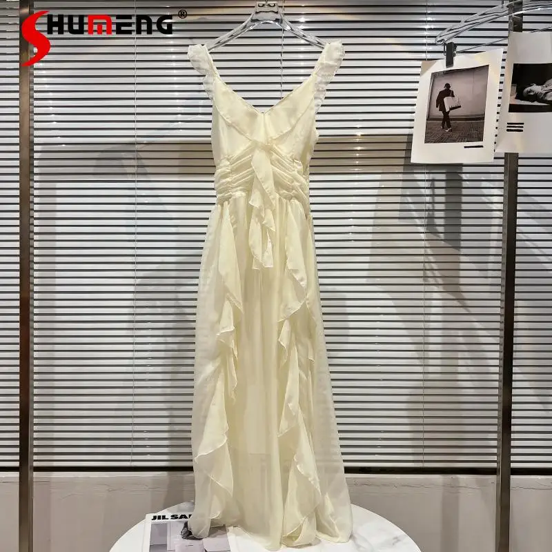 

2022 Summer New Female Fashion Classic Style V-neck Pleated Long Dress Women's Elegant Simple Slim Waist Princess Sling Dress