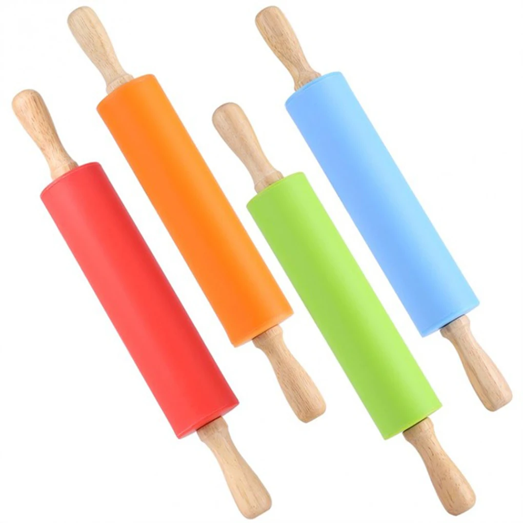 

Non-Stick Silicone Rolling Pin Wooden Handle Bar Pastry Baking Tool Bakeware Kitchen Gadgets