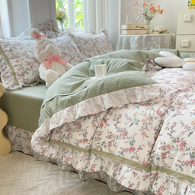 

100% Cotton Vintage French Country Style Princess Bedding Set Floral Ruffled Edge Duvet Cover Flat/Fitted Bed Sheet Pillowcases