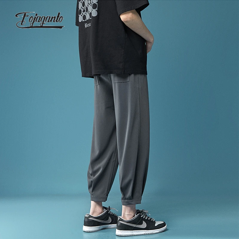 

FOJAGANTO Men Summer Thin Trousers Loose Casual Solid Color Nine-Point Pants Youth Fashion Korean Style Trend Ice Silk Pants Men