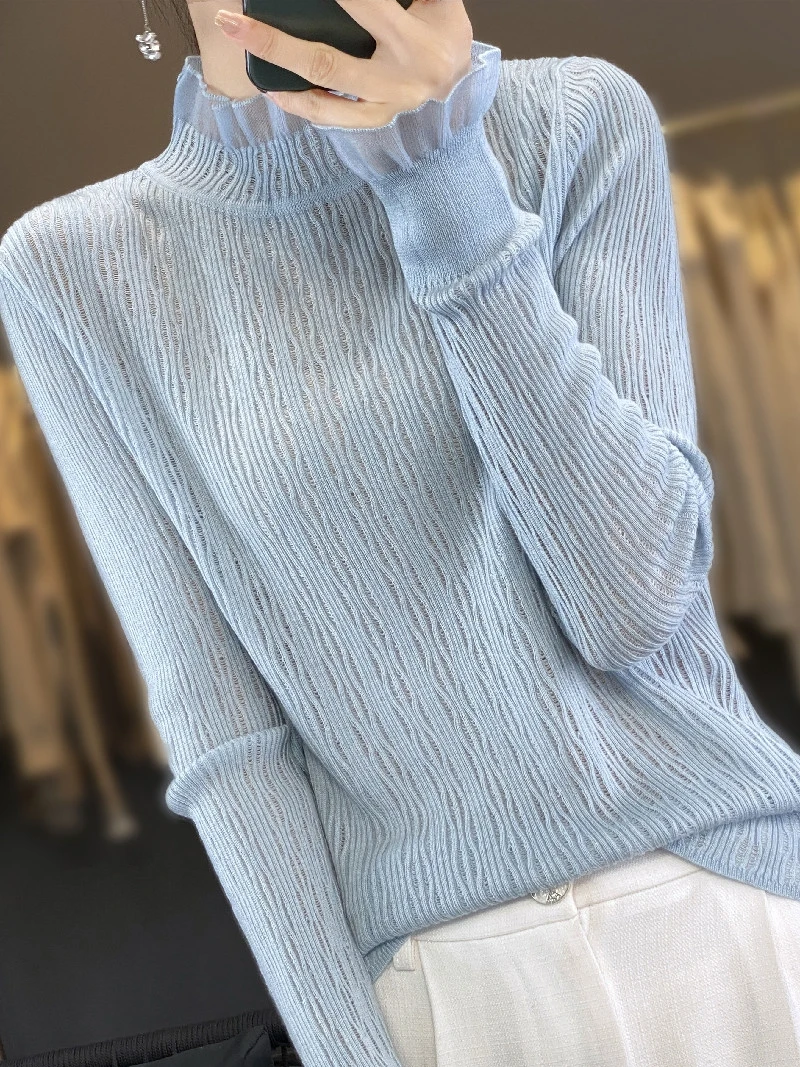 Кружевная кружевная рубашка с длинными рукавами и грибком женская тонкая