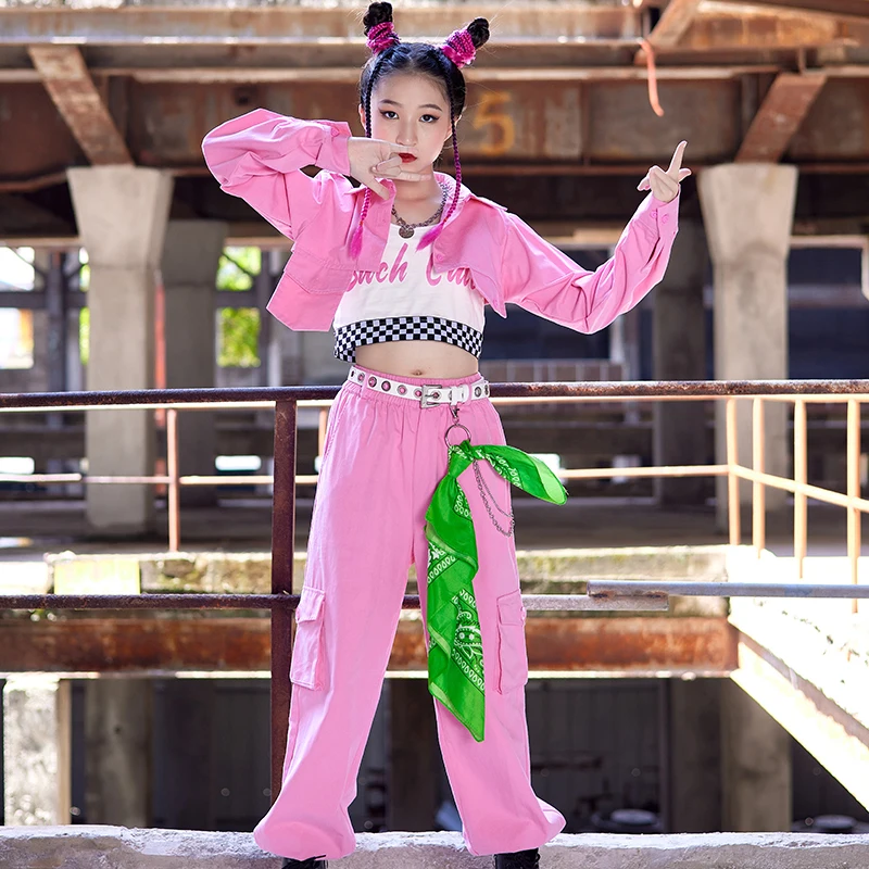 

Girls Jazz Dance Costume Show Pink Performance Clothes Children Hip-hop Fashion Clothes Rave Outfits