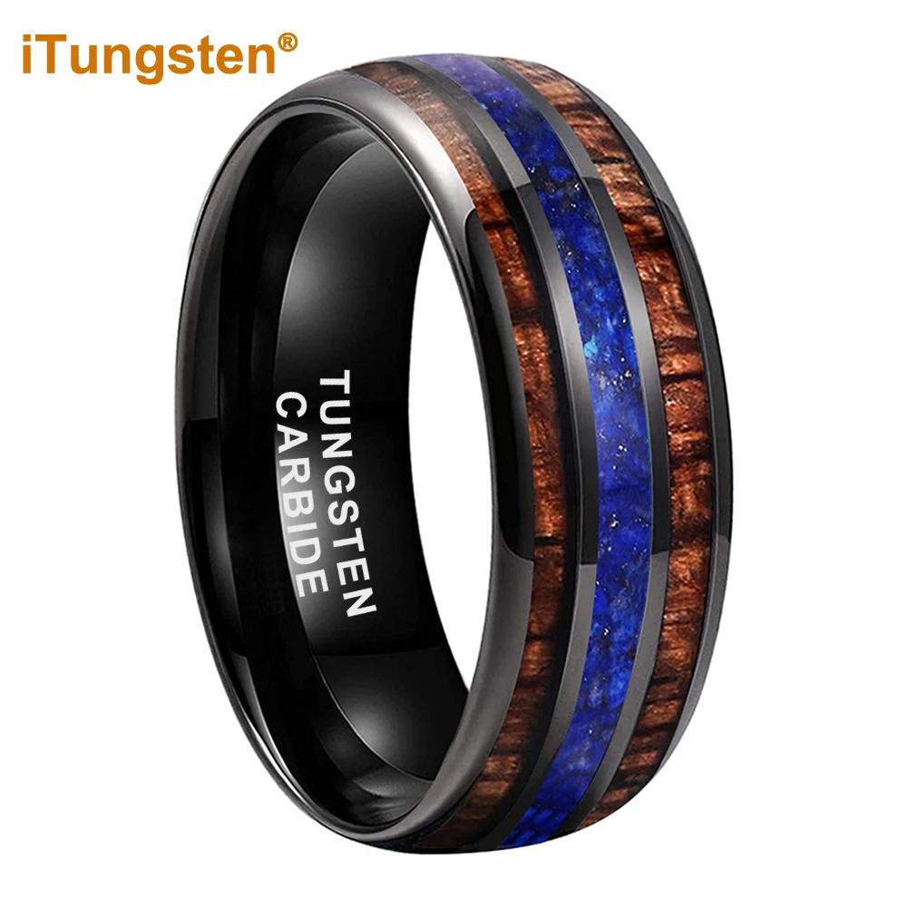 

iTungsten 8mm Black Tungsten Carbide Ring for Men Women Engagement Wedding Band Blue-Lapis Koa Wood Inlay Domed Comfort Fit