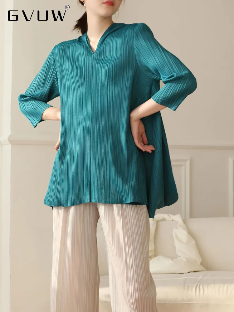 

GVUW 2023 Autumn New Pleated Hooded T-shirts Women Solid Color Fashion Long Sleeve Thin Pullover Female Casual Clothing 17D1234