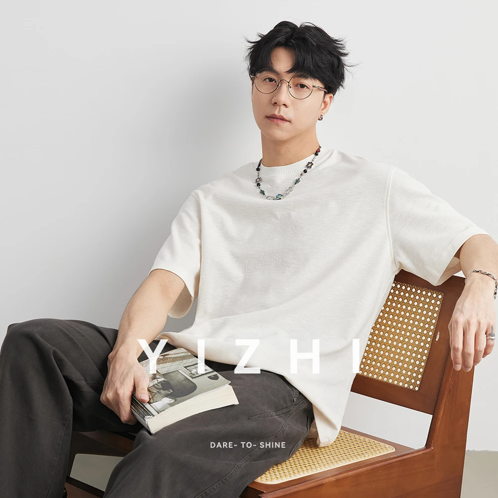 Фото Мужская футболка из лиоцелла Cityboy с минималистичным логотипом, летняя новинка 2026, с круглым вырезом, свободного кроя, однотонная, базовая, с коротким рукавом №1