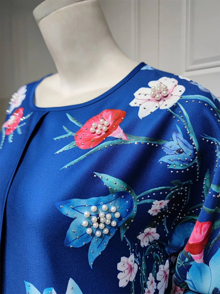 Saudi Women Abayas Retro Floral Print Beading O-Neck Long Dresses 2023 Spring Summer Casual Party Chic Dress Elegant Robe