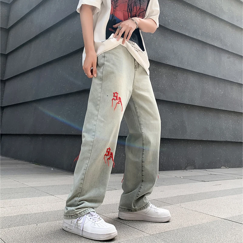 New Light Blue Embroidery Men Jeans Straight Fashion Casual Loose Trousers High Street Hip Hop Male Denim Pants