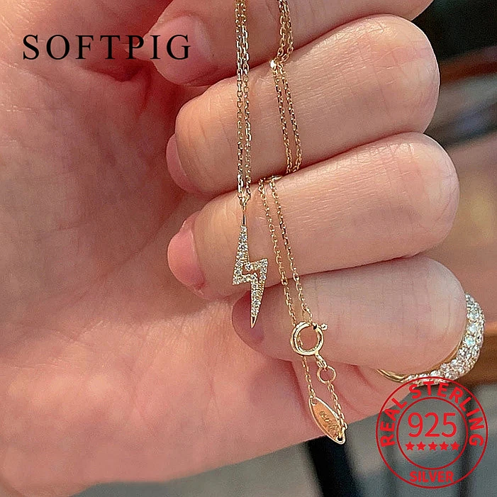

SOFTPIG Real S925 Sterling Silver Lightning Full Zircon Collarbone Choker Necklace For Women Fine Jewelry Minimalist Accessories