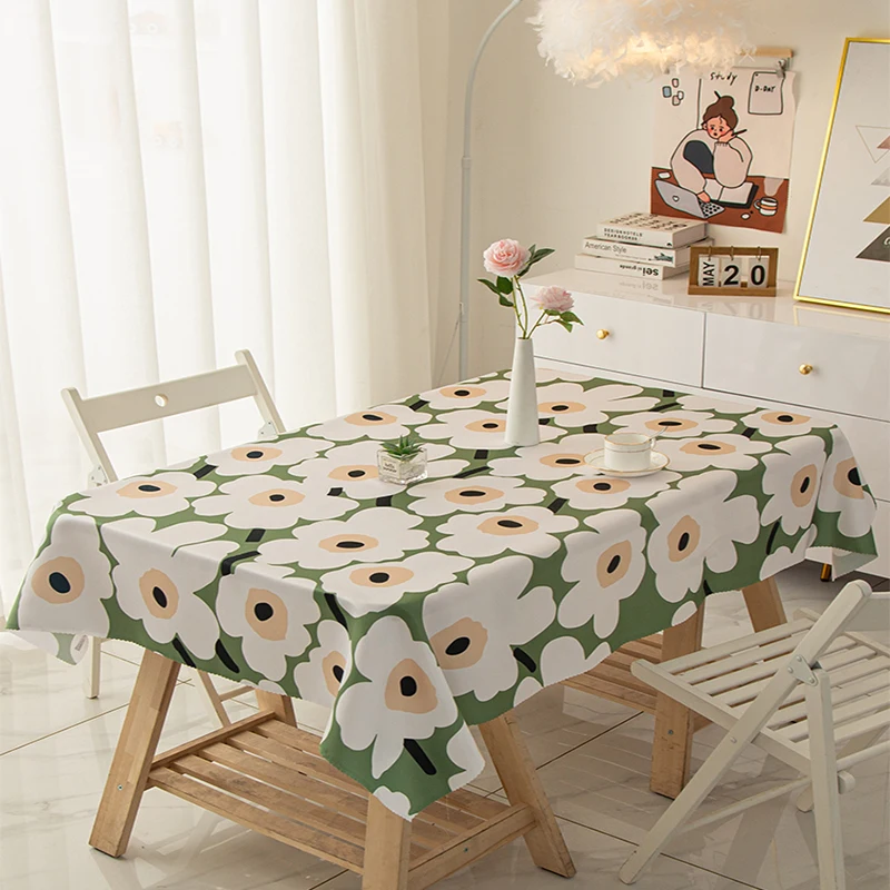 

Country Home Nordic Green White Floral Fabric Waterproof PVC Tablecloth Spring Tea Party Dining Coffee Table Cover Rectangular