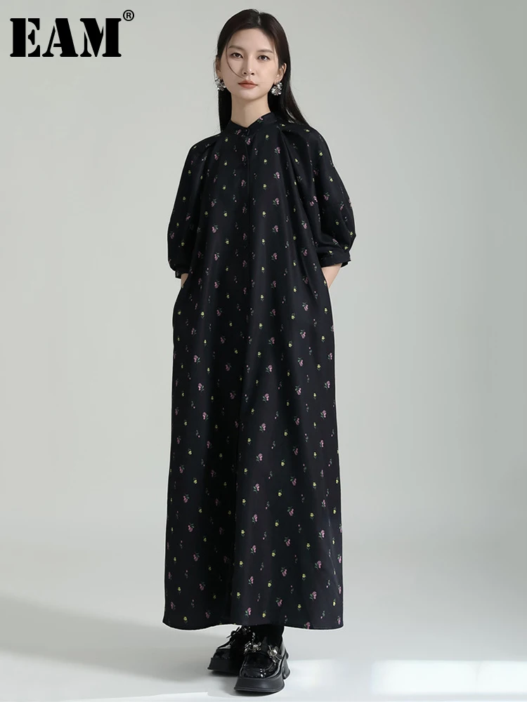 

Женское винтажное длинное платье EAM, черное жаккардовое платье свободного покроя с воротником-стойкой и рукавом до локтя, весна-осень 2023, ...