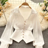 spring autumn chic design long sleeved chiffon shirt women clothing temperament slightly transparent fold polo neck tops blouses