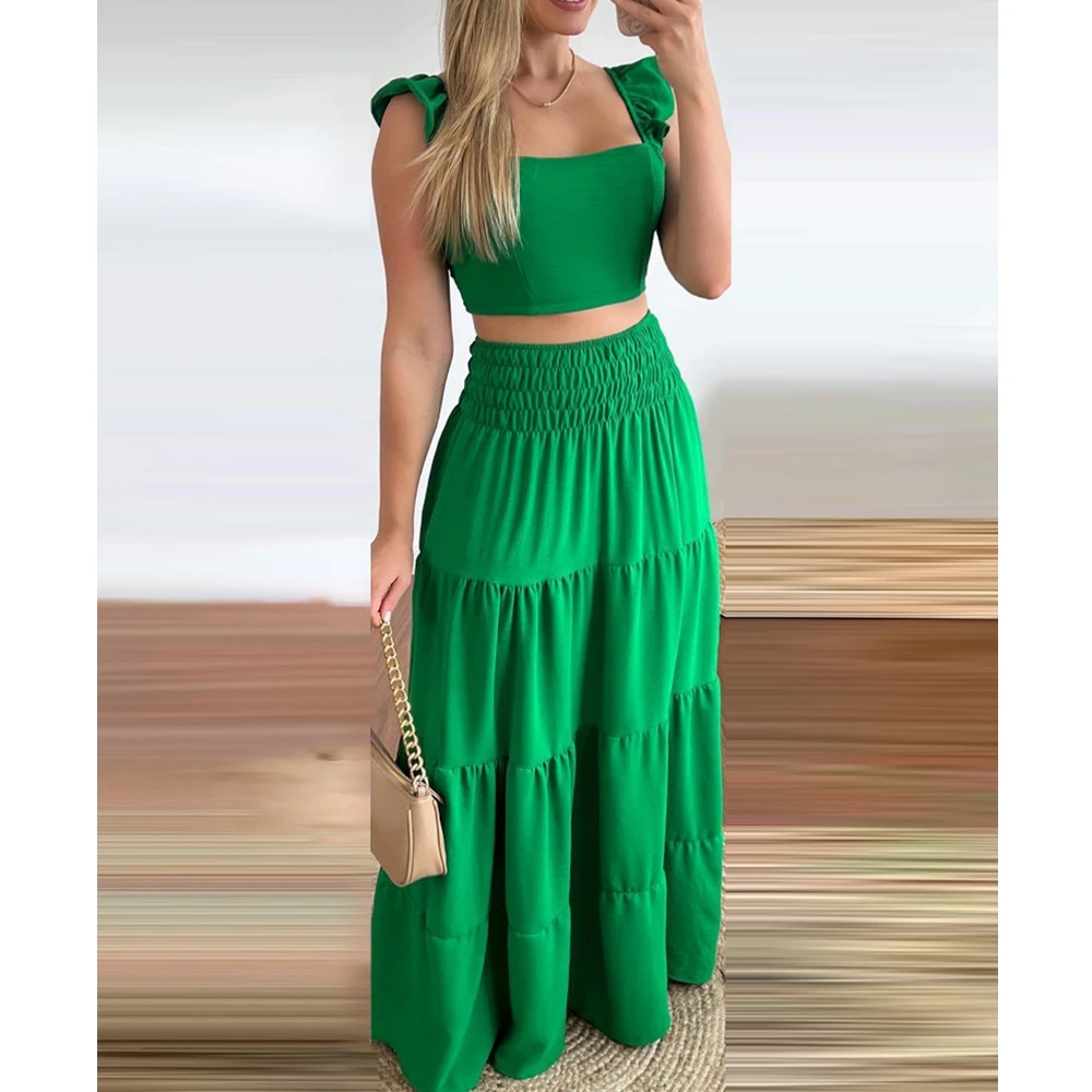 

Женский комплект из топа и юбки с оборками, с высокой талией